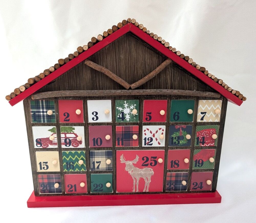 Wooden Christmas Advent Calendar House 25 Drawer Rustic Cabin Holiday Countdown